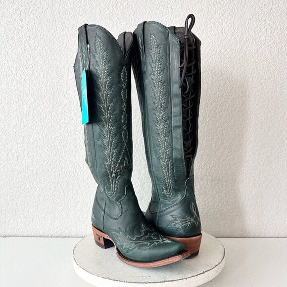 Lane LEXINGTON Knee High Womens Cowboy Boots 5.5 Green Western Cowgirl Lace Up - Picture 1 of 13